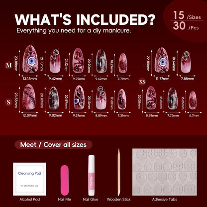 HOSAILY Halloween Press on Nails Short Almond Fake Nails 3D Blood Stain Eyeball Scar Horror Design Gothic False Nails for Party Cosplay Spooky Season Manicure, 30pcs Full Cover Glue on Nail for Women