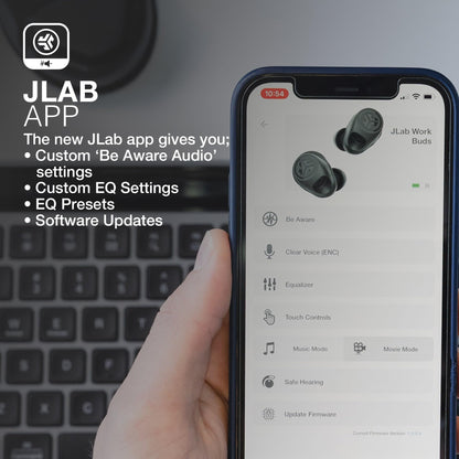 JLab Work Buds in-Ear True Wireless Headset with Detachable Noise-Canceling Boom Mic, Black, Long 55+ Total Hours Playtime, Bluetooth Multipoint, USB-C Charging Dock