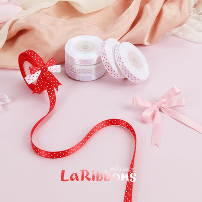 LaRibbons Polka Dot Satin Ribbon Variety Pack 100 Yards, 3/8" X 10 Yards/Roll Hot Pink Red Purple Khaki Assorted Ribbons for Crafts, Valentines, Gift Wrapping, Hair Bows