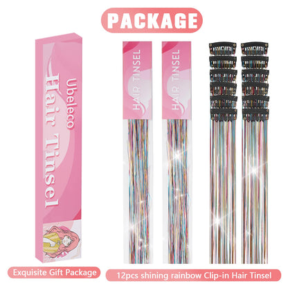 Hair Tinsel 12Pcs Clip in Rainbow Hair Accessories 20.5 Inch Fairy Hair Tinsel Kit for Women Girls Kids Glitter Extensions for Christmas Halloween New Year Party (Rainbow)