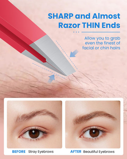 Expert Eyebrow Hair Removal Tweezer with Leather Case, GlamTweeler High Precision Slant Tip Stainless Steel Tweezers for Men and Women (Hot Pink)