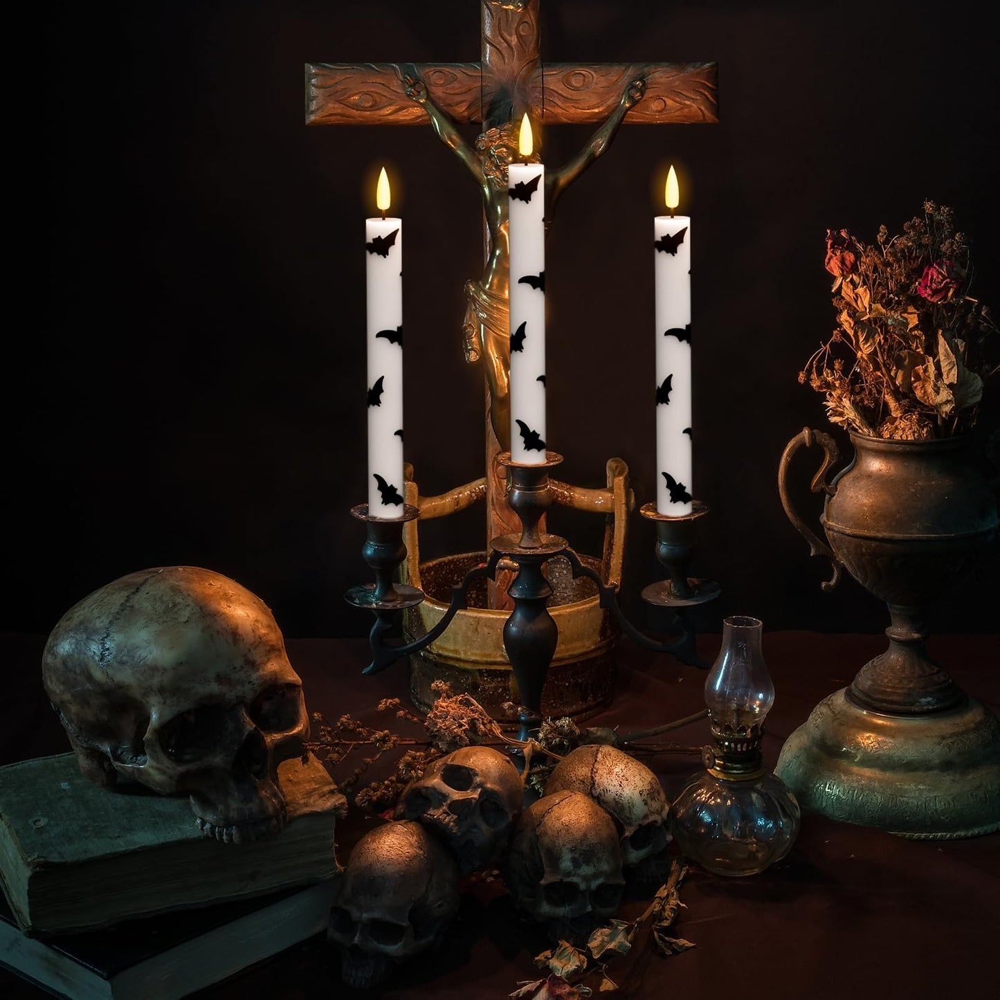 Lasumora Halloween Flameless Taper Candles with Remote Timer, 4 Pack LED Flickering Candlestick, 9.65 Inch Battery Operated Real Wax Candles with Bat Prints for Halloween Decorations