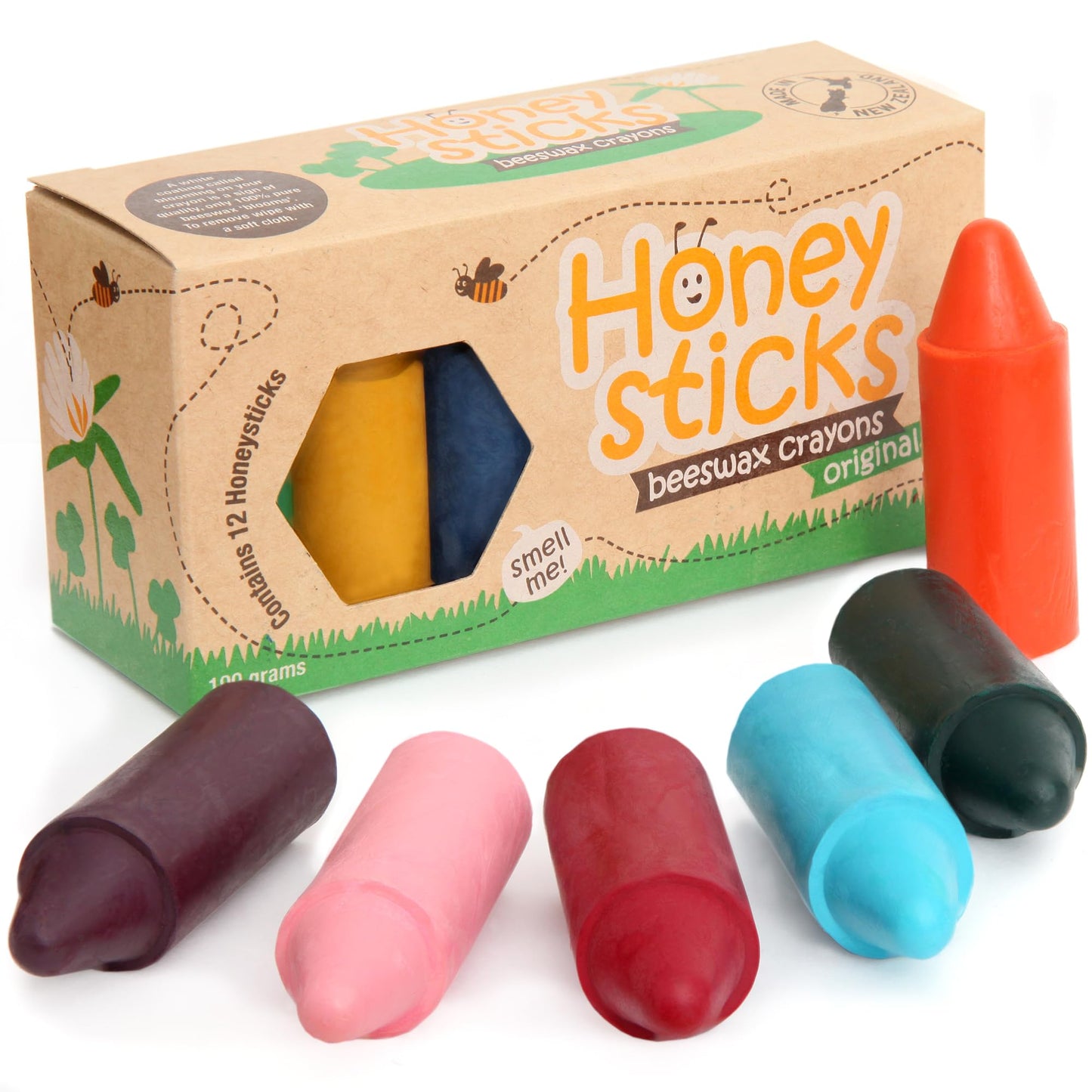 Honeysticks 100% Pure Beeswax Crayons (12 Pack) - Non Toxic Crayons, Safe for Babies and Toddlers, for 1 Year Plus, Handmade in New Zealand with Natural Beeswax, Food-Grade Colors, Eco-Friendly
