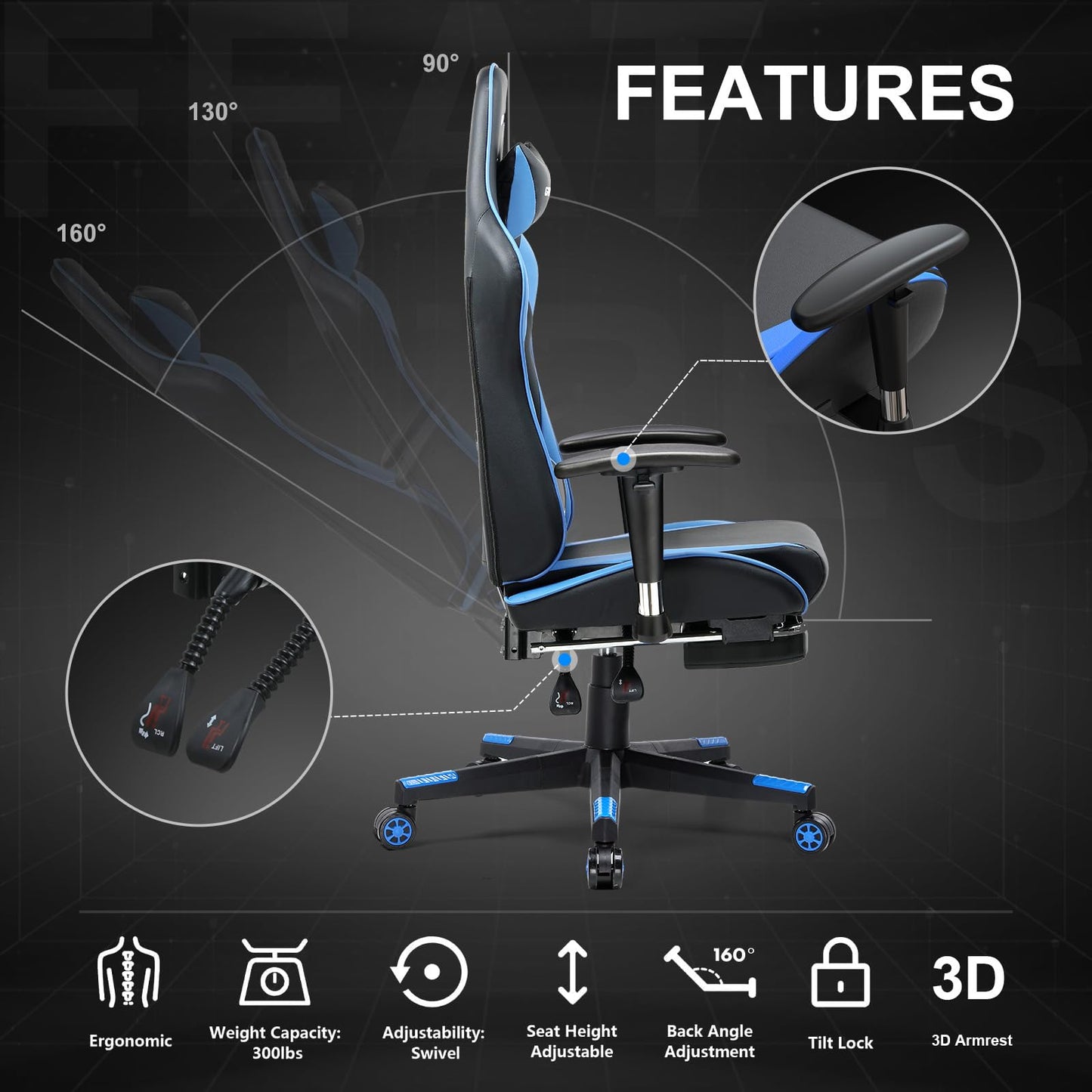 GTRACING Gaming Chair with Footrest, Ergonomic Computer Game Desk Chair, Recline Gaming Chair Seat Height Adjustment, Swivel Rocker with Headrest and Lumbar (Blue)