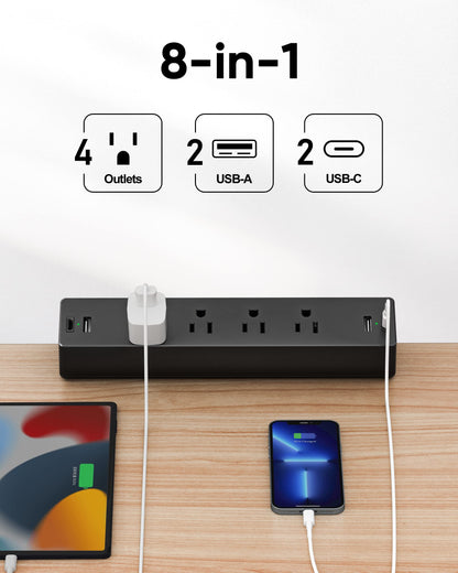 Desk Clamp Power Strip, 1875W Surge Protectors with 2 USB A, 2 USB C Ports, 4 AC Outlets, Desk Mount Charging Station, Fit 1.7 inch Tabletop Edge Thick, Desktop Outlets for Home Office.