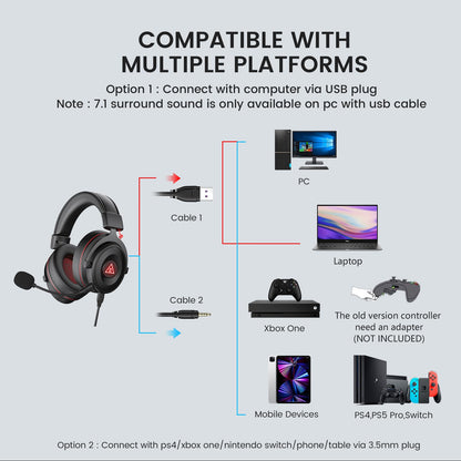 EKSA E900 Pro USB Gaming Headset for PC - Computer Headset with Detachable Noise Cancelling Mic, 7.1 Surround Sound, 50MM Driver - Headphones with Microphone for PS4/PS5, Xbox One, Laptop, Office
