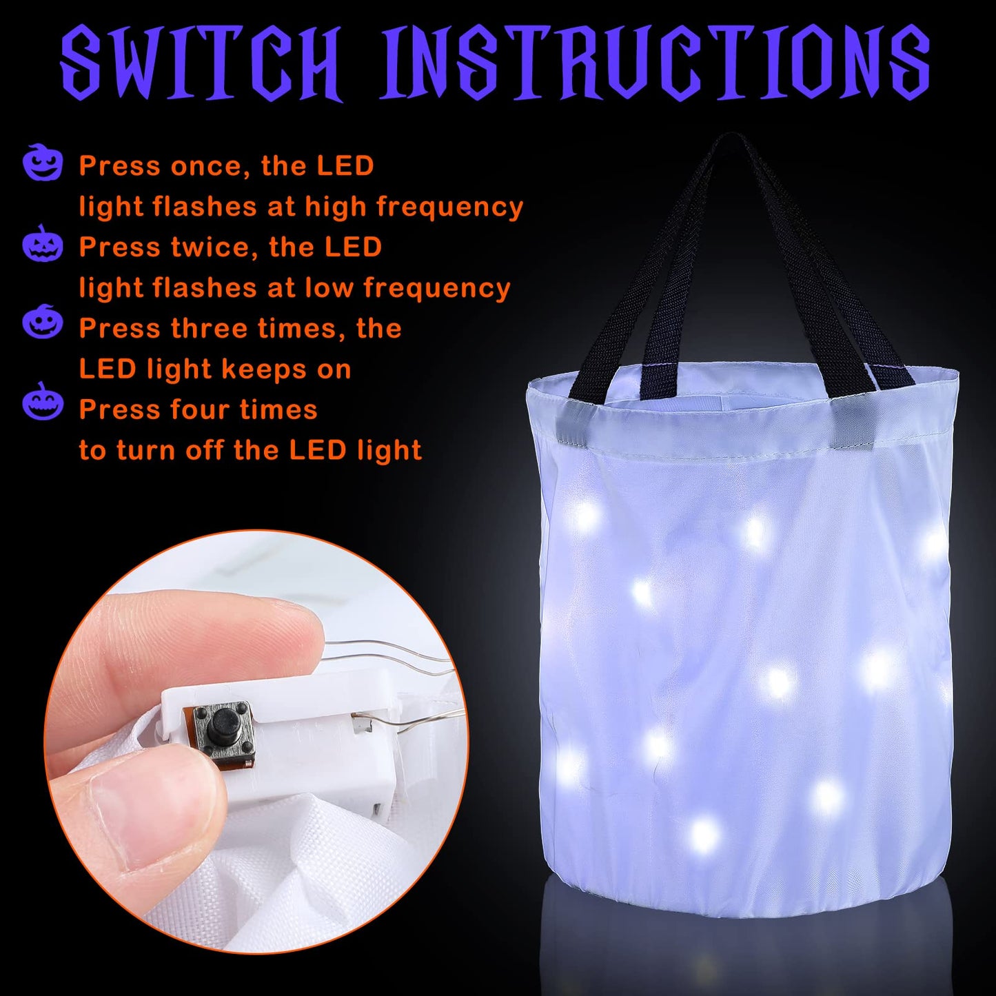 2 Pieces LED Light Halloween Trick or Treat Candy Bags Light up Goodie Trick or Treating Bags Kids Multipurpose Reusable Gift Bucket for Halloween Birthday Party Favor(White)