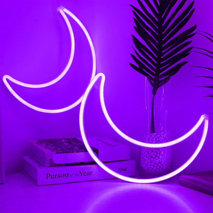 LED Purple Moon Neon Light, Cute Neon Moon Sign, Halloween Room Decor - Battery or USB Powered 5V Art LED Decorative Night Lights for Home, Bedroom, Office, Dorm, Party