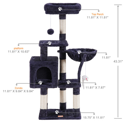 Heybly Cat Tree with Toy, Cat Tower Condo for Indoor Cats, Cat House with Padded Plush Perch, Cozy Hammock and Sisal Scratching Posts, Smoky Gray HCT004SG