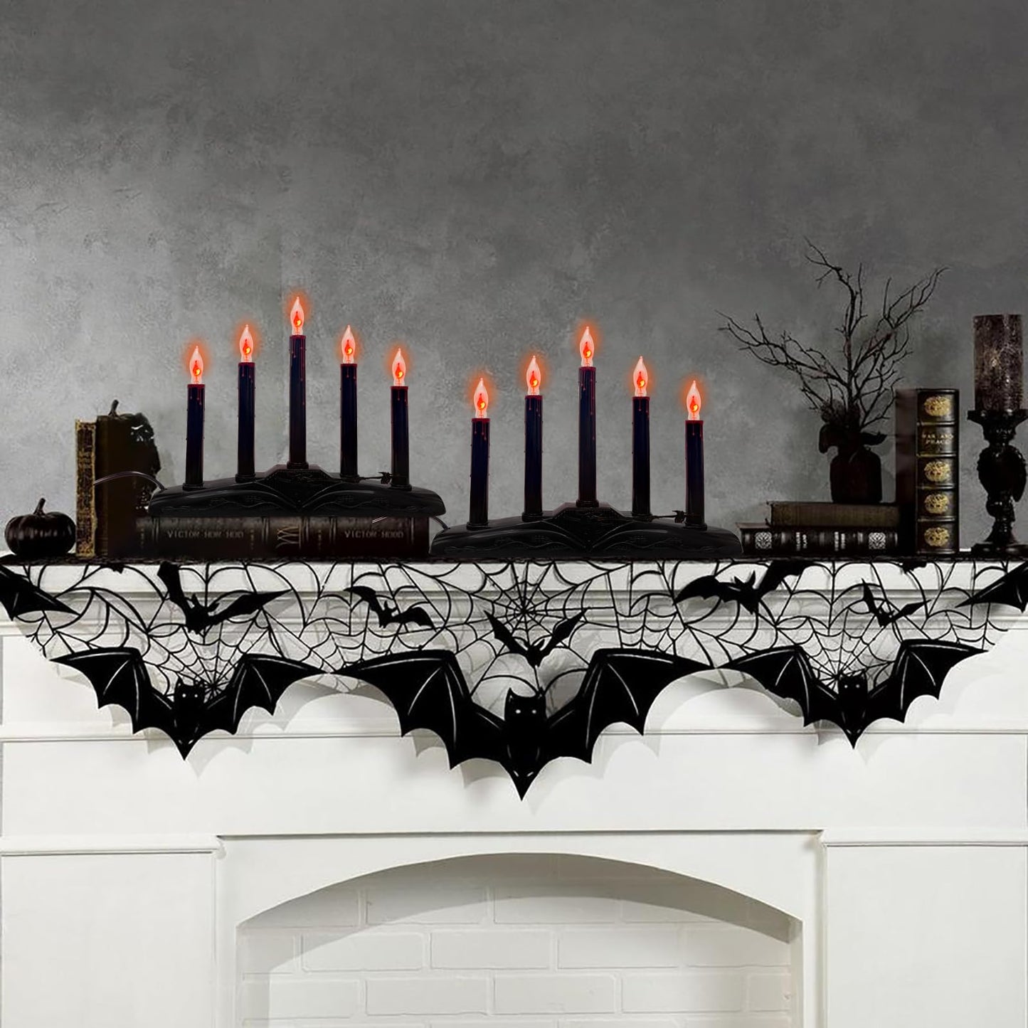 1 Pack Halloween Electric Candle Lamps, 5 Light Black Flameless Candle with 5 C18 Orange Flicker Flame Bulb, Plug in Flickering Window Candle Holder for Halloween Party Home Table Bar Holiday Decor