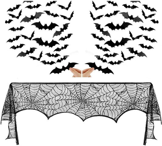 Comtraker Halloween Fireplace Mantle Decorations, Black Lace Spiderweb Mantel Scarf Cover Garland and 60 Pcs 3D Halloween Bats Wall Decor Stickers Decals for Festive Party Supplies, 18 x 98 inch