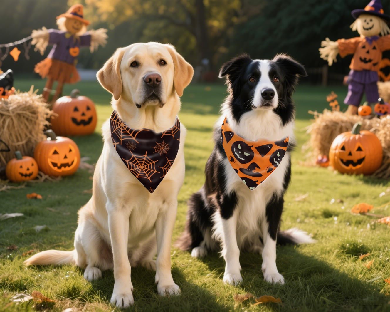 2PCS Fall Dog Bandanas,Halloween Dog Bandanas,One Side Orange Plaid,The Other Side Pumpkin or Spider Web Bibs,Holiday Pet Scarf for Boy and Girl Dogs,Thanksgiving Pet Outfit for Medium to Large Dogs