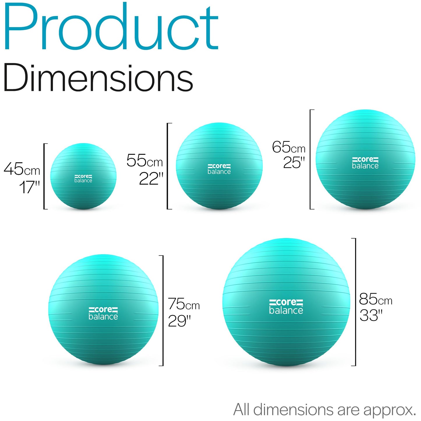 Core Balance Exercise Ball for Workouts, Anti-Burst and Slip Resistant, Swiss Yoga Ball for Pregnancy, Stability, Fitness and Physical Therapy, 4 Sizes, with Pump (25" / 65cm Teal)