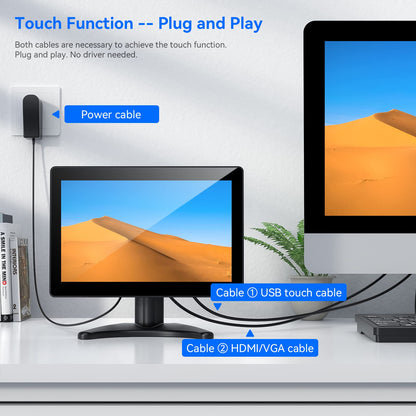 Eyoyo 10 Inch Touchscreen Monitor, Raspi Touch Screen, Small VGA AV HDMI Monitor, Portable IPS Display for CCTV DVD PC Laptop POS Systems with Speakers