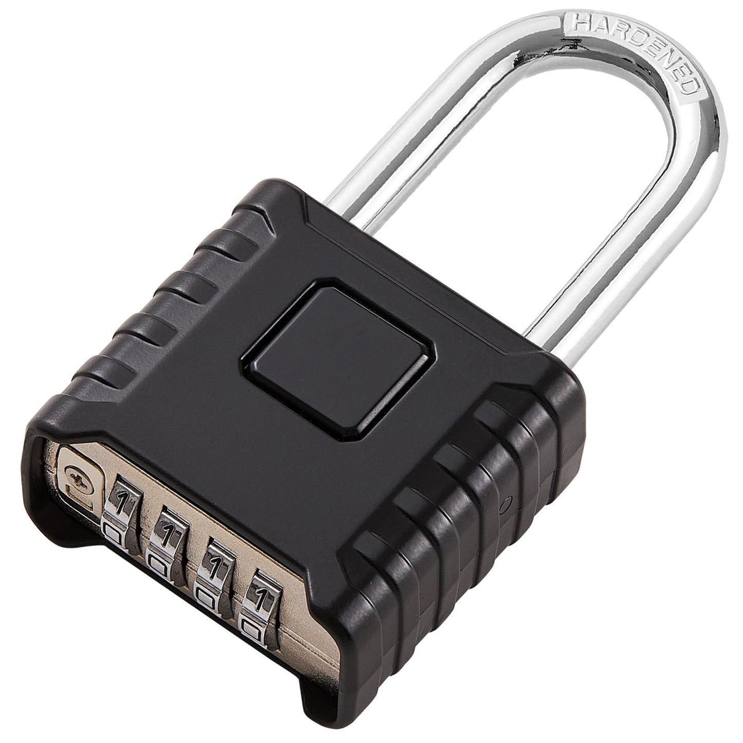 1 Pack disecu Long Shackle Heavy Duty 4 Digit Combination Lock, One Touch Unlocking, Anti-Error Feature, Waterproof Large Outdoor Padlock for School Gym Locker, Fence, Gate, Storage Unit (Black)