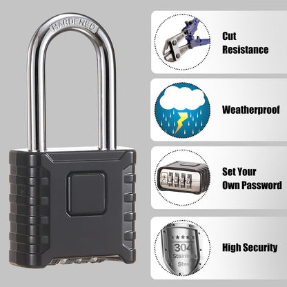 1 Pack disecu Long Shackle Heavy Duty 4 Digit Combination Lock, One Touch Unlocking, Anti-Error Feature, Waterproof Large Outdoor Padlock for School Gym Locker, Fence, Gate, Storage Unit (Black)