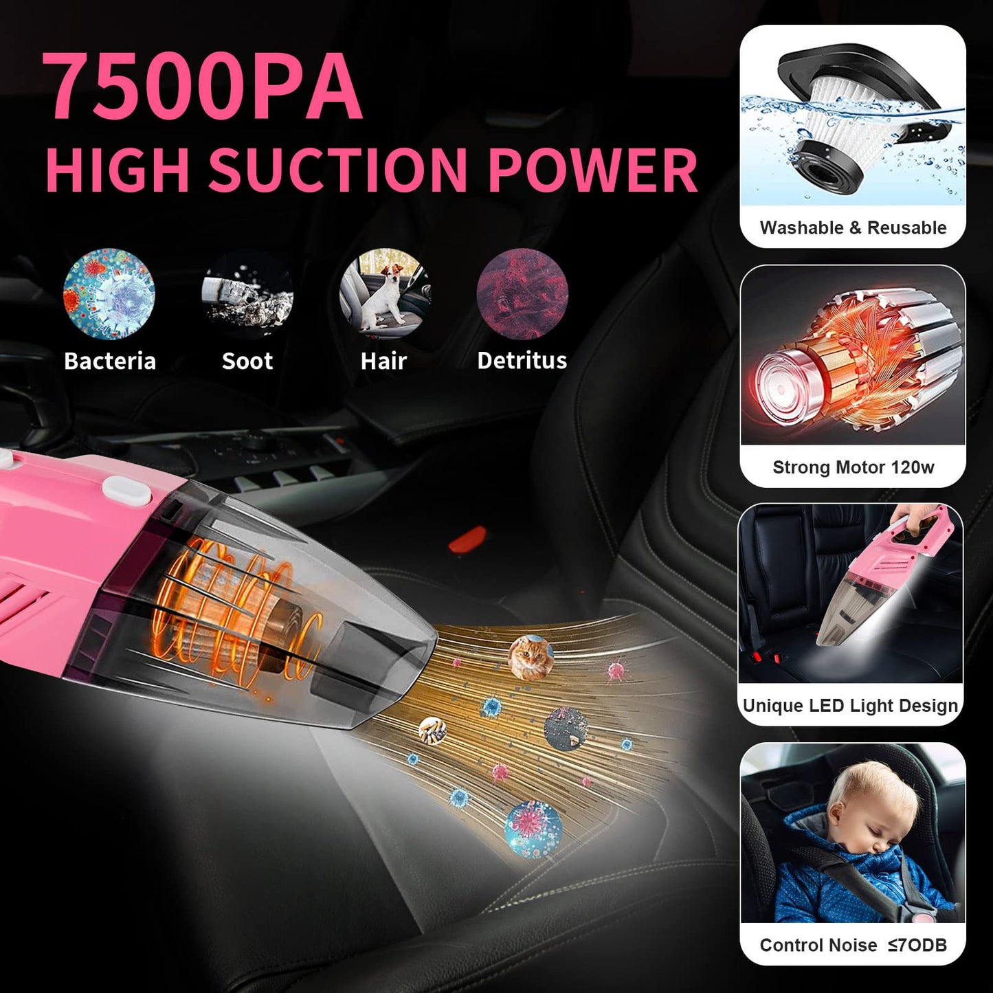 HORDALOR Pink Car Interior Detailing Kit, 16Pcs Car Cleaning Kit with High Power Handheld Vacuum, Detailing Brush Set, Cleaning Gel, Windshield Cleaning Tool, Complete Car Cleaning Supplies for Women