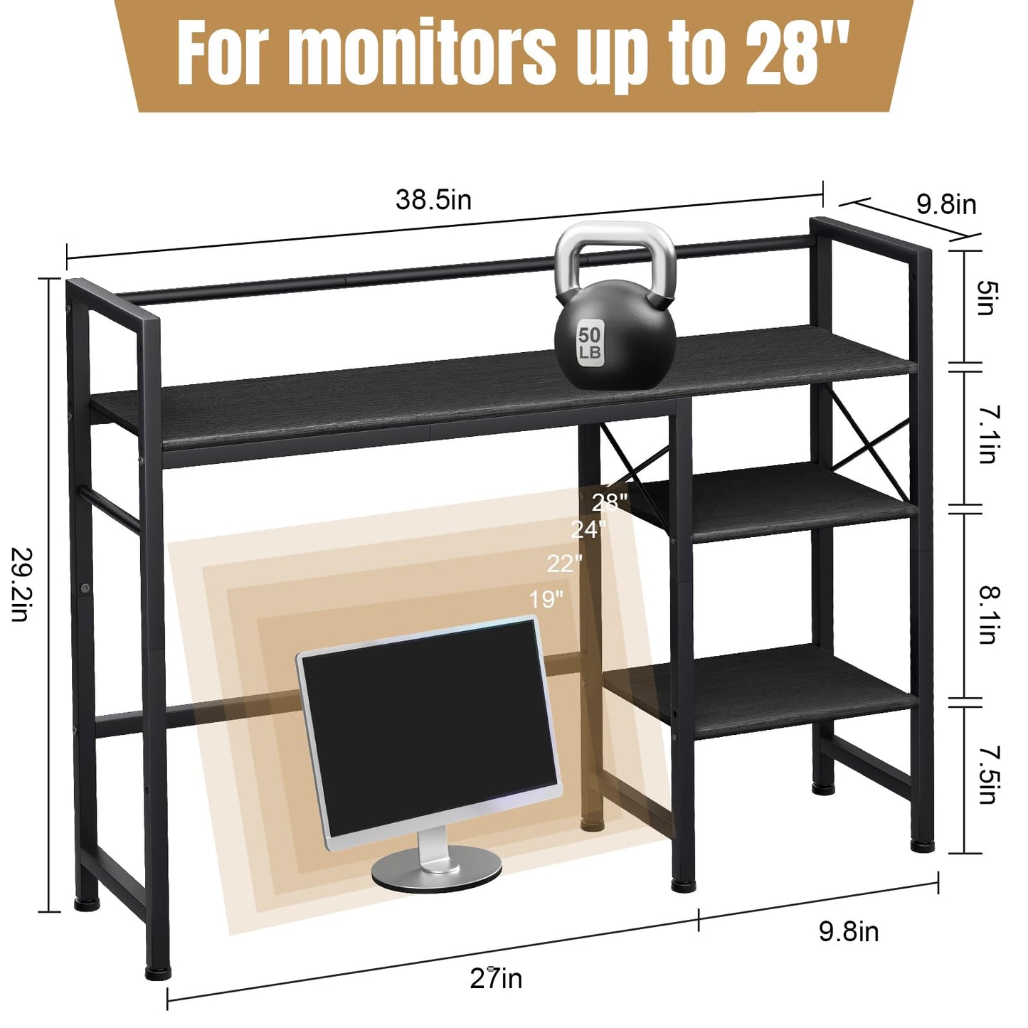 Gannyfer Desk Shelf - 38.5" Freestanding Desk Organizer, Desk Hutch for Computer Monitor, Wood Desktop Bookshelf Storage Rack, Large 3 Tier Desktop Bookshelf for Home Office Decor, Black