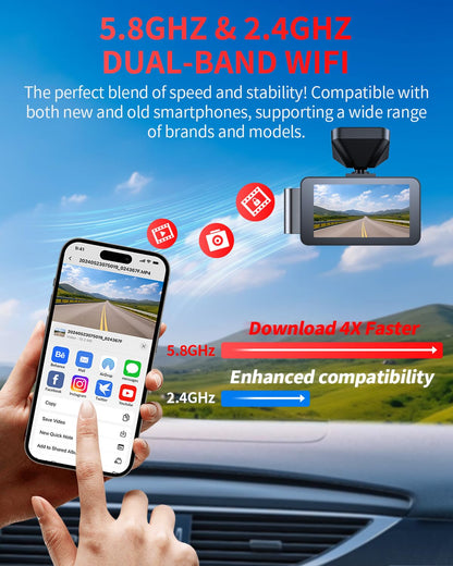 Gleetour Dash Cam Front and Rear, 4K Full HD Dual Dash Camera for Cars, Built-in Memory Card Monitoring, 64GB Card, 5G WiFi GPS, Car Camera with 3" IPS Screen, 2160P Night Vision, Parking Monitor