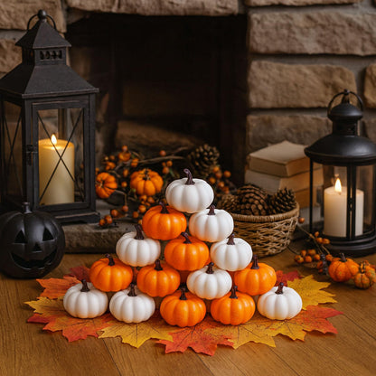 DomeStar 42 PCS Artificial Pumpkins Decorations, 12PCS Fake Pumpkins with 30Packs Maple Leaves and 1Packs String Lights for Fall Harvest Crafts Halloween Thanksgiving Decor