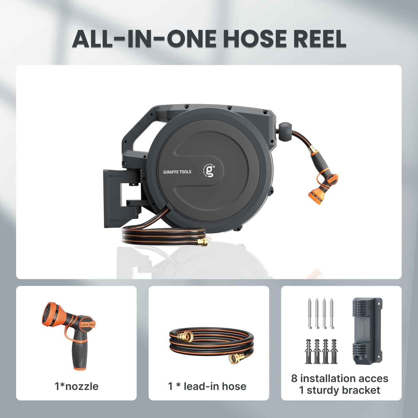 Giraffe Tools AW30 Garden Hose Reel Retractable 1/2" x 100 ft Wall Mounted Water Hose Reel Automatic Rewind, Any Length Lock, 100 ft, Dark Grey