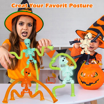 Halloween LED Skeleton Pop Tubes Light Up 4 Pcs Halloween Sensory Fidget Toys, Telescopic Suction Cup Autism ADHD Halloween Party Favors Goodie Bags Basket Stuffers Trick or Treat Toys for Kids 3+