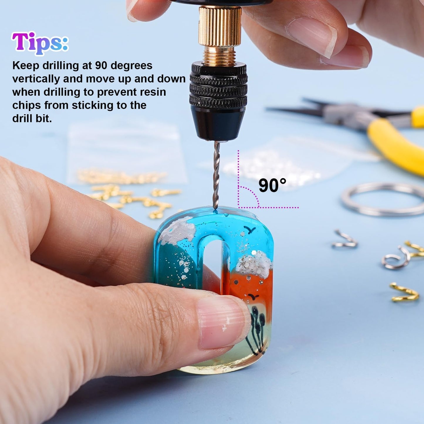 LET'S RESIN Electric Resin Drill, 74Pcs Hand Drill Supplies with 3-Jaw Clamp-Applicable to A Larger Drilling Range (0-3mm), Grip Nose Pliers, Keychain Making Kit, Tools for Resin Art