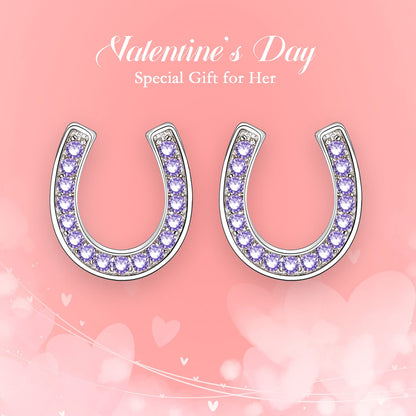 EVER FAITH 925 Sterling Silver Elegant Pave Setting Purple Cubic Zirconia Birthstone Lucky Horseshoe Stud Earrings