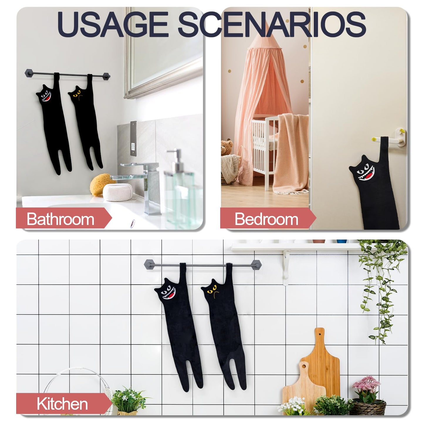 GKIOYRO Cute Hand Towels - Funny Super Absorbent Dish Towels, Decorative Cat Shaped Towels for Bathroom, Kitchen, Living Room, Party - Black Cotton