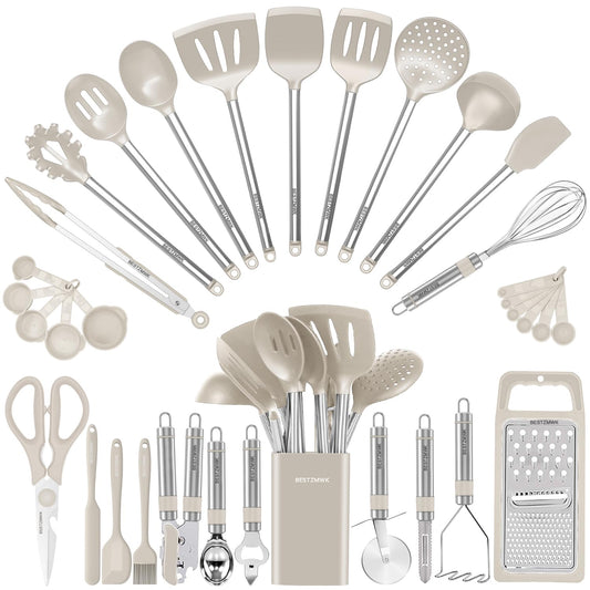 Kitchen Utensil Set-Silicone Cooking Utensils-33 Kitchen Gadgets & Spoons for Nonstick Cookware-Silicone and Stainless Steel Spatula Set-Best Kitchen Tools, Useful Pots (Khaki)