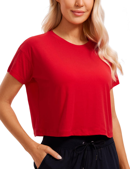 CRZ YOGA Women's Pima Cotton Workout Short Sleeve Shirts Loose Athletic Crop Tops Gym Casual Cropped T-Shirt Festival Red Small