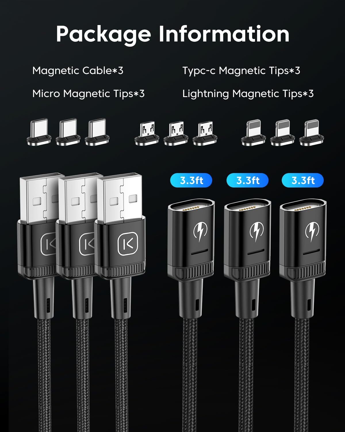 Kuulaa 3Pack Magnetic Charging Cable Magnetic Lightning Cable Magnetic Phone Charger 3A Fast Charging with 3 in 1 Charging Tips Nylon-Braided Phone Cable Compatible for All Device