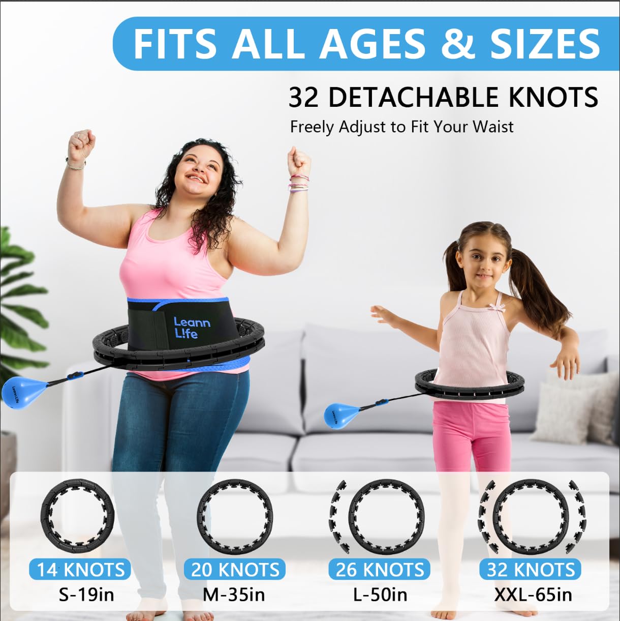 Leann L!fe U2 Black 32 Knots 19”- 65”, Adjustable Weighted Hula Hoop for Kids & Adults Weight Loss, Infinity Hoop Plus Size, Abdominal Toner, Free Waist Trimmer & Wash Bag, Black-Blue Ball