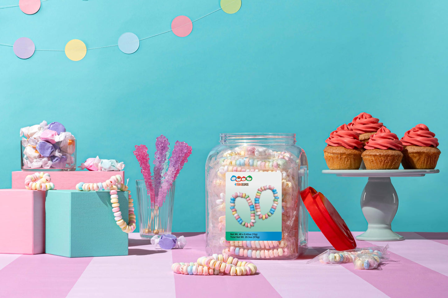 48 Candy Bracelets Individually Wrapped, Bracelet Candy Jewelry, Pastel Candy for Buffet, Goody Bag Stuffers, Barbie Party Favor for Kids, (Pack of 48x0.42oz/11.9g) by 4YoreElves