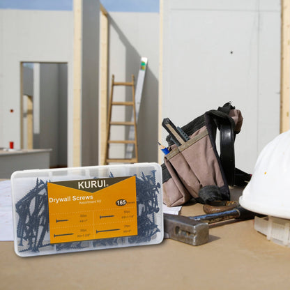 KURUI Drywall Screws Assortment Kit, #6 Black Wood Screws for Sheetrock,165pcs Picture Hanging Kit for Frame Painting Art Photo, Phillips Coarse Dry Wall Screw 4 Sizes 1",1-1/4",1-5/8",2"