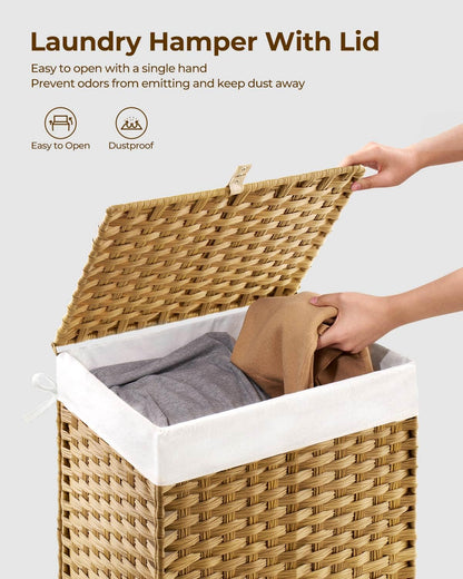 GREENSTELL Laundry Hamper with Lid, 60L Clothes Hamper with 2 Removable Liner Bags & 2 Mesh Laundry Bags, Handwoven Synthetic Rattan Laundry Basket for Clothes, Toys in Bathroom, Bedroom Natural