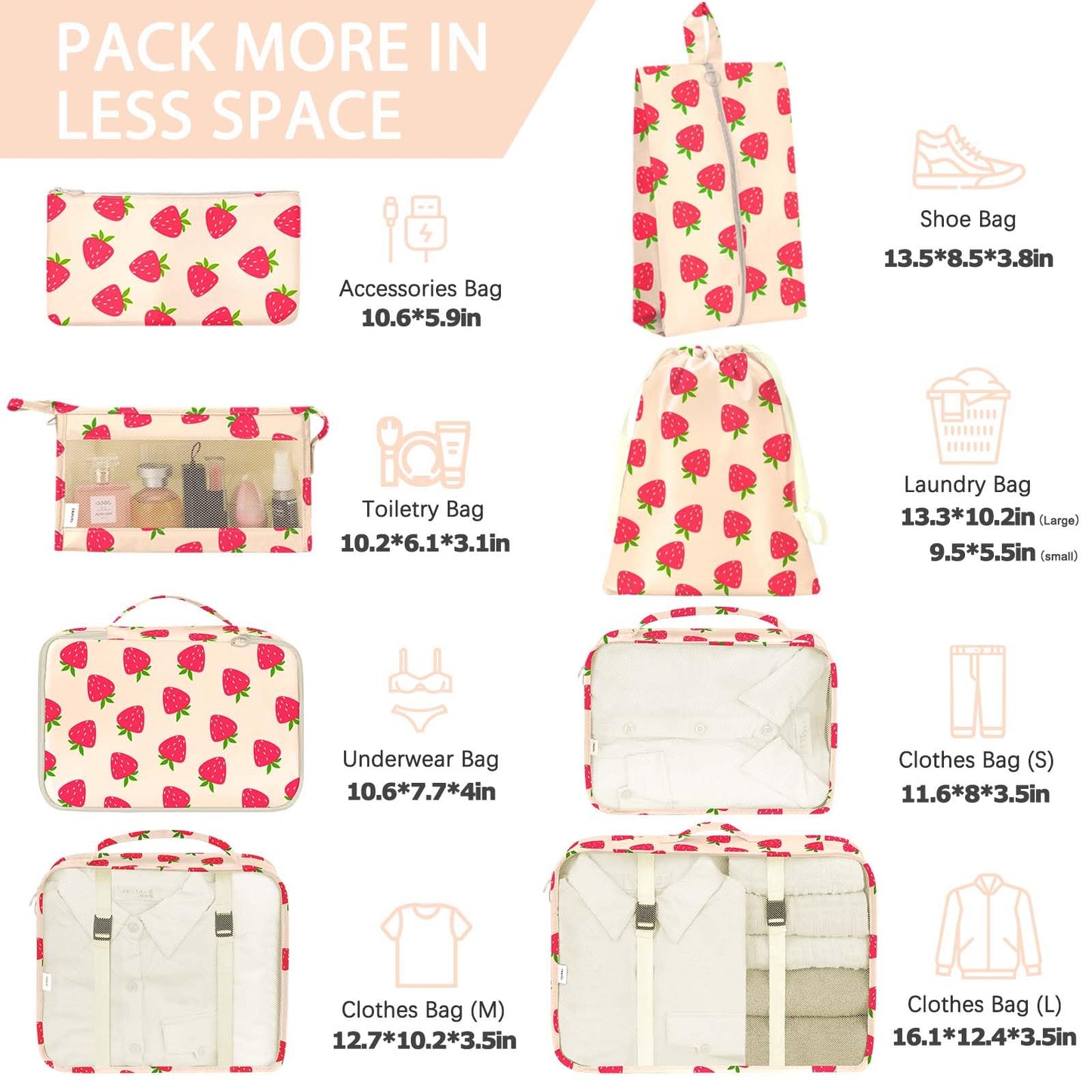 KPX 8 Set Packing Cubes for Travel, Luggage Packing Organizers Accessories Large Toiletries Bag for Clothes Shoes Cosmetics (Strawberry)