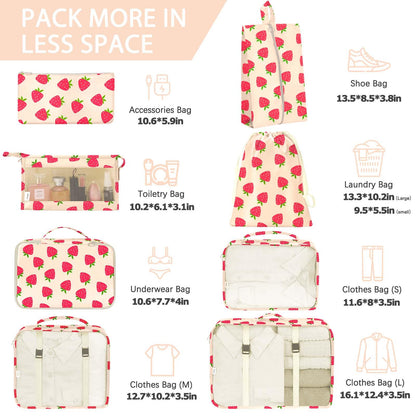 KPX 8 Set Packing Cubes for Travel, Luggage Packing Organizers Accessories Large Toiletries Bag for Clothes Shoes Cosmetics (Strawberry)