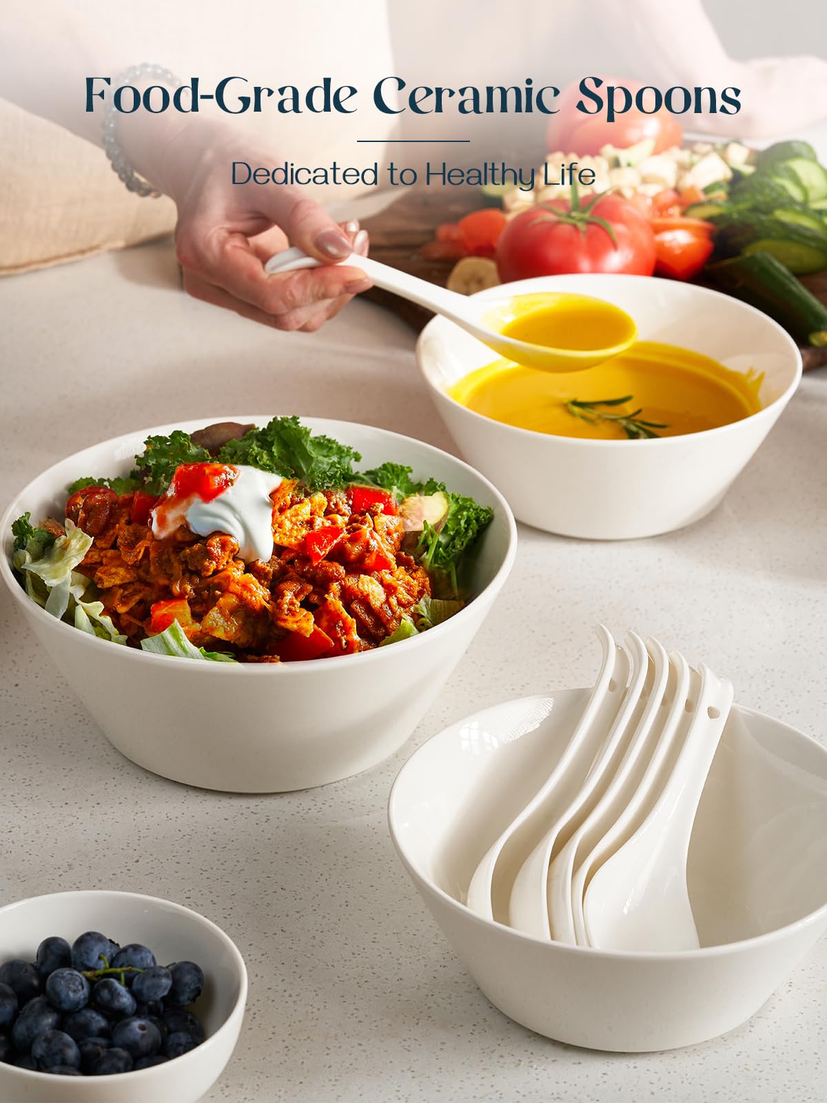 DOWAN Soup Spoons, Ceramic Asian Soup Spoons, White Japanese Spoon Large for Ramen Pho Wonton Dumpling Miso, Deep Oval Hook Design, Set of 4 (4, White)