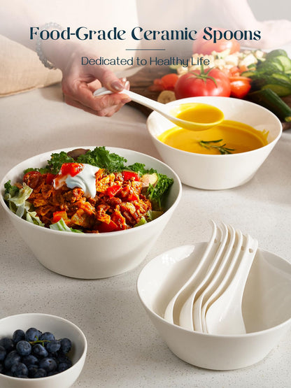 DOWAN Soup Spoons, Ceramic Asian Soup Spoons, White Japanese Spoon Large for Ramen Pho Wonton Dumpling Miso, Deep Oval Hook Design, Set of 4 (4, White)