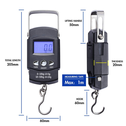 2 Pack Fish Scales, Portable Luggage Weight Scale with Backlit LCD Display 110lb / 50kg Electronic Balance Fishing Postal Hanging Hook Scale with 3.28 ft Measuring Tapes & 4 AAA Batteries (Black)