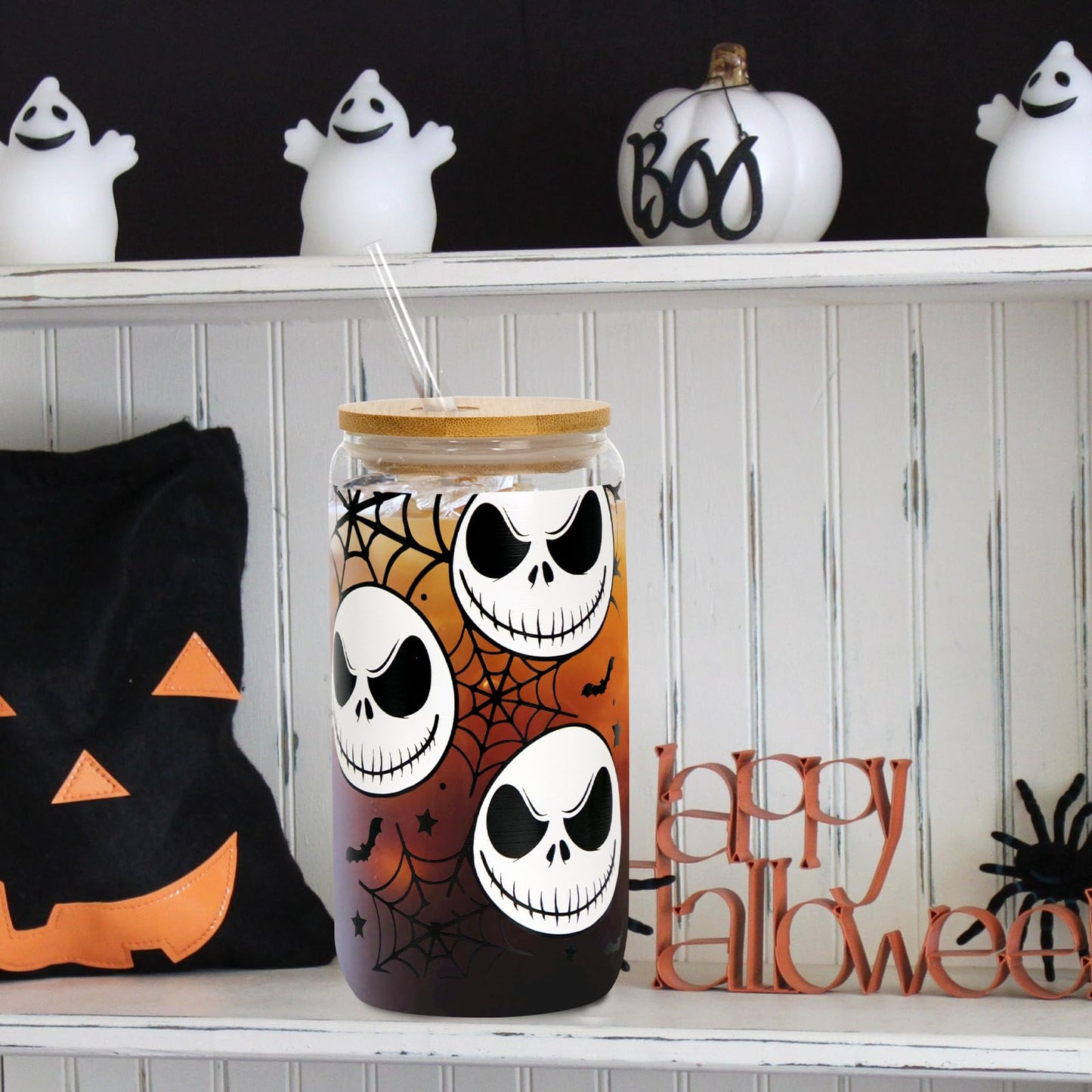 Joyseller Halloween Iced Coffee Can Glass, 18oz Nightmare Halloween Cup with Lid and Straw, Spooky Season Glass Tumbler for Fall Gifts
