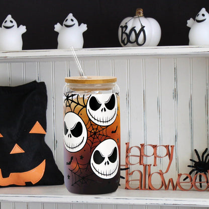 Joyseller Halloween Iced Coffee Can Glass, 18oz Nightmare Halloween Cup with Lid and Straw, Spooky Season Glass Tumbler for Fall Gifts