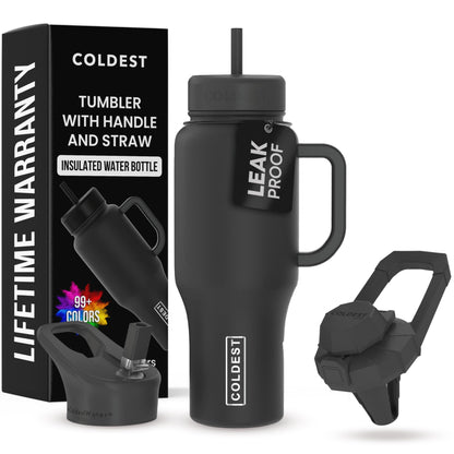 Coldest Tumbler with Handle and Straw - 100% Leak Proof Insulated Tumbler with Lid and Straw (3 Lids) - Stainless Steel Tumblers for Women & Men - Cup Holder Friendly Base, 36 oz (Stealth Black)