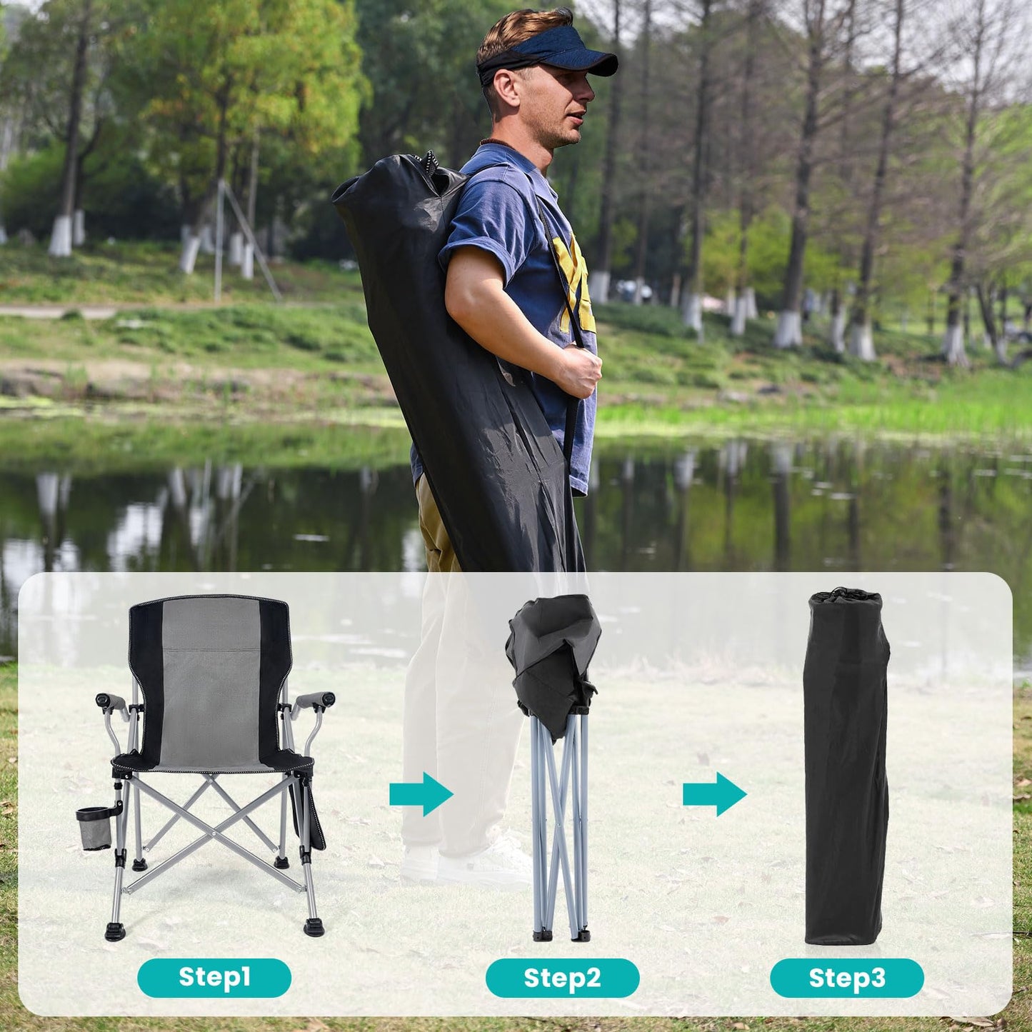 Folding Camping Chair Heavy Duty Portable Outdoor Chairs Supports 330lbs Collapsible Foldable Chair for Outside with Cup Holder&Carry Bag, Folding Lawn Chair for Camp Beach Fishing Sports(Gray)