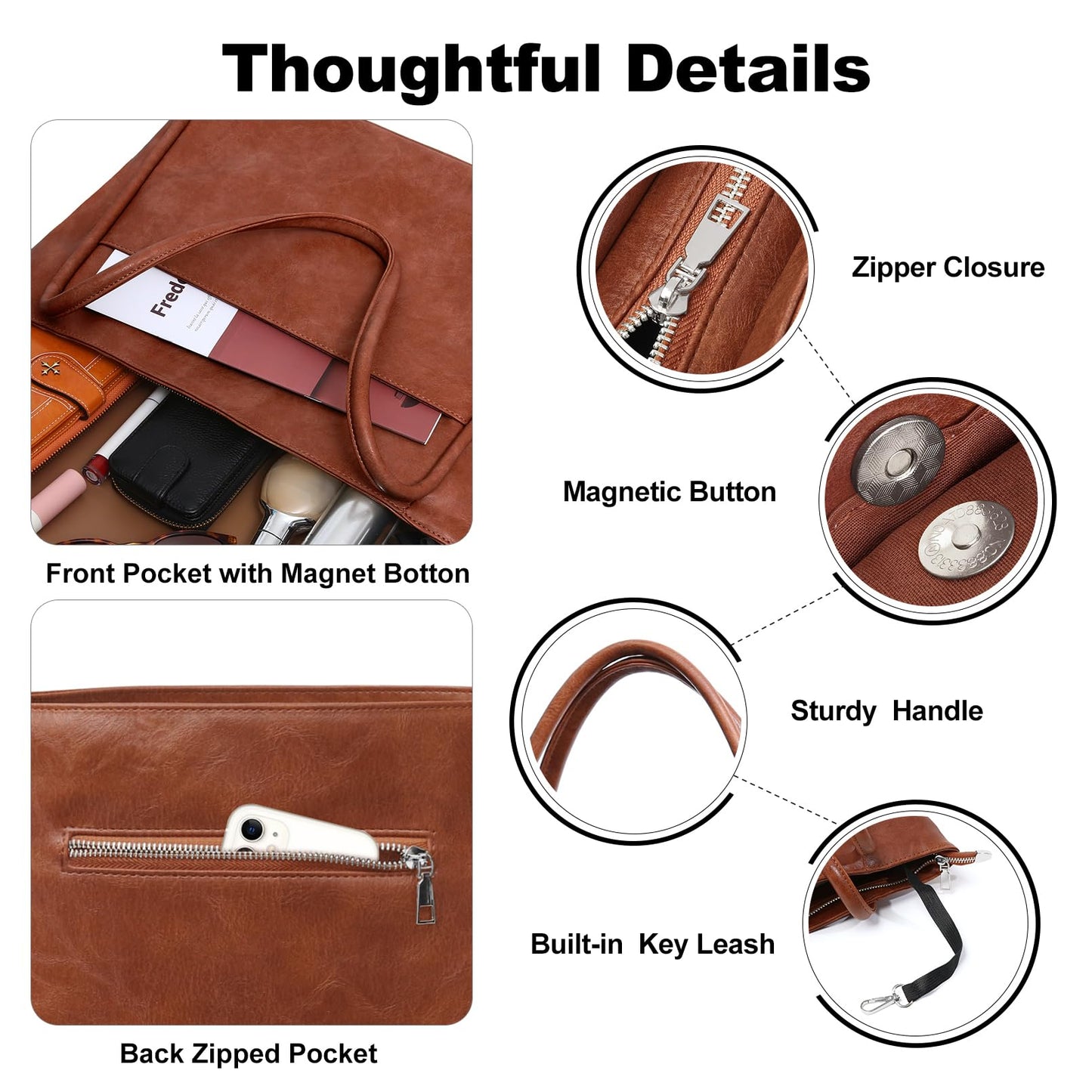 Large Tote Bag for Women Work with Zipper 16L Vegan Leather Ladies Travel Purses and Handbags Brown