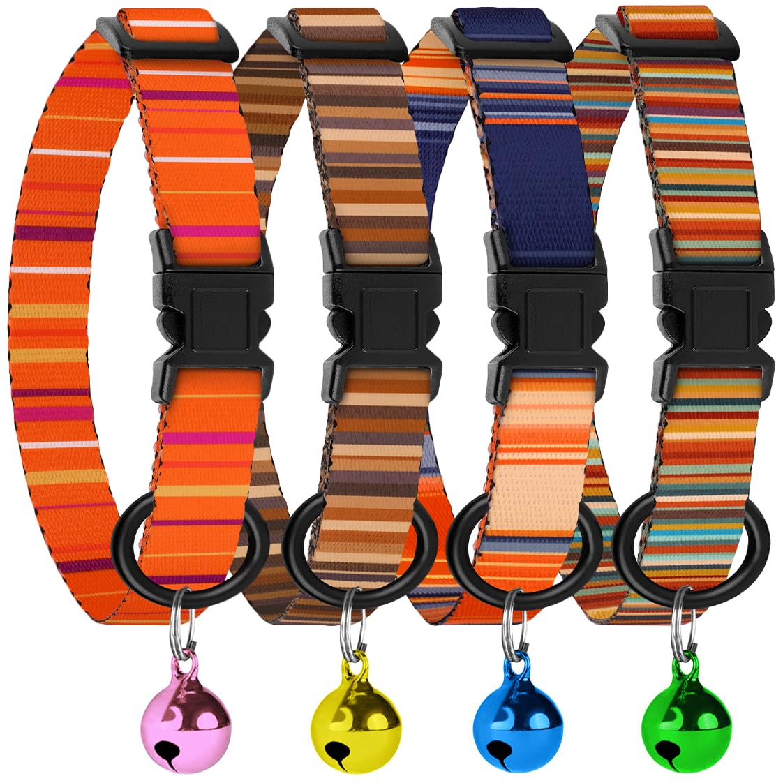 4PCS Breakaway Cat Collars with Bell, Cute Kitty Adjustable Safe Kitten Collars, 4-Pack, Nylon Pet Collars Tribal Striped Aztec Print (Striped)