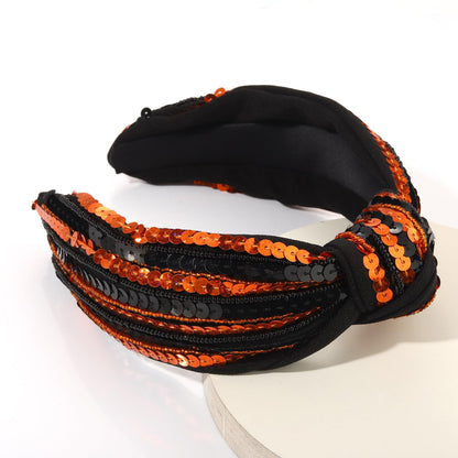 GLBCC Halloween Sequin Headband for Women - Orange Black Sequin Wide Top Knot Headband for Festive Hair Accessories & Cosplay Costume Party Favors