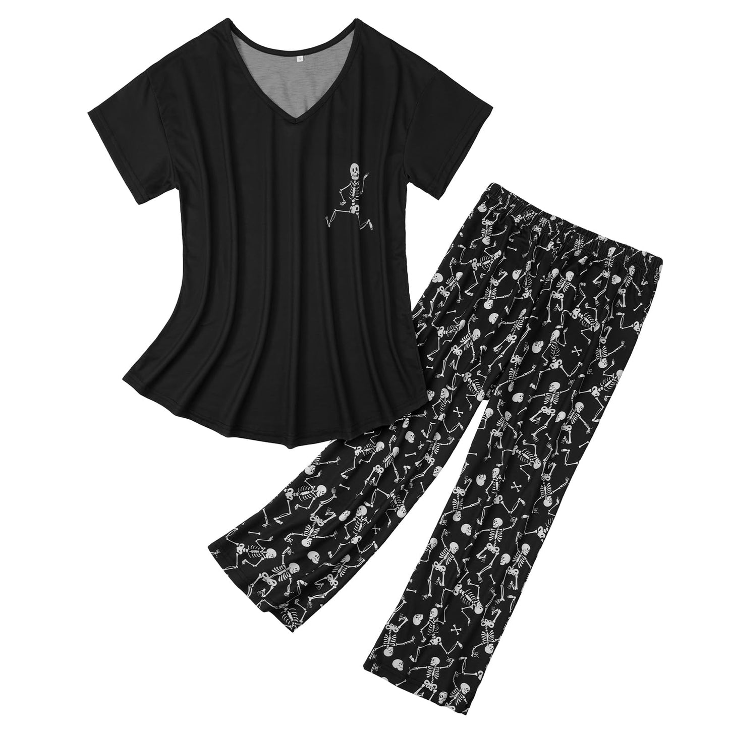 Halloween Pajamas for Women Set Goth Pajama Skull Lounge Set Black White Pj Sets Gothic Skeleton Sleepwear Tops with Capri Pants Halloween Skeleton 2XL
