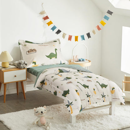 Joyreap 4 Piece Dinosaur Toddler Bedding Set, Cotton Toddler Comforter Sheet Set, Green Dinosaurs Print on White Design for Kids Boys n Girls